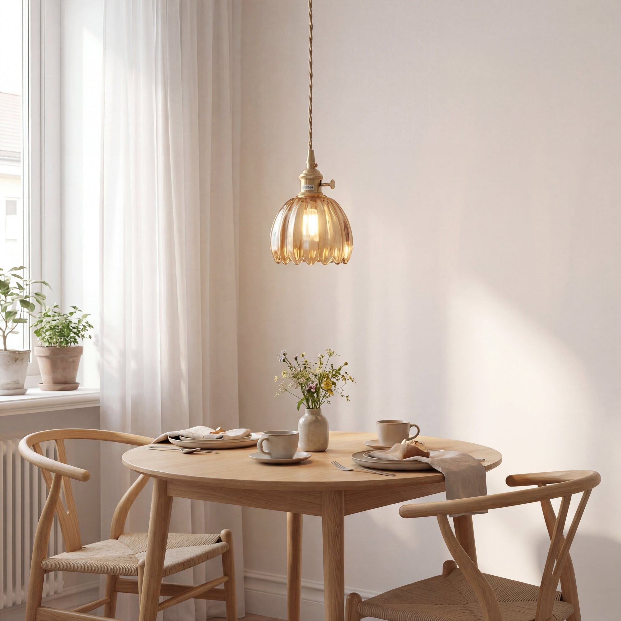 Glass Pendant Light Brass Flower Shade Vintage Adjustable Height Kitchen Dining Room Home Decor - Stack & Clear 3