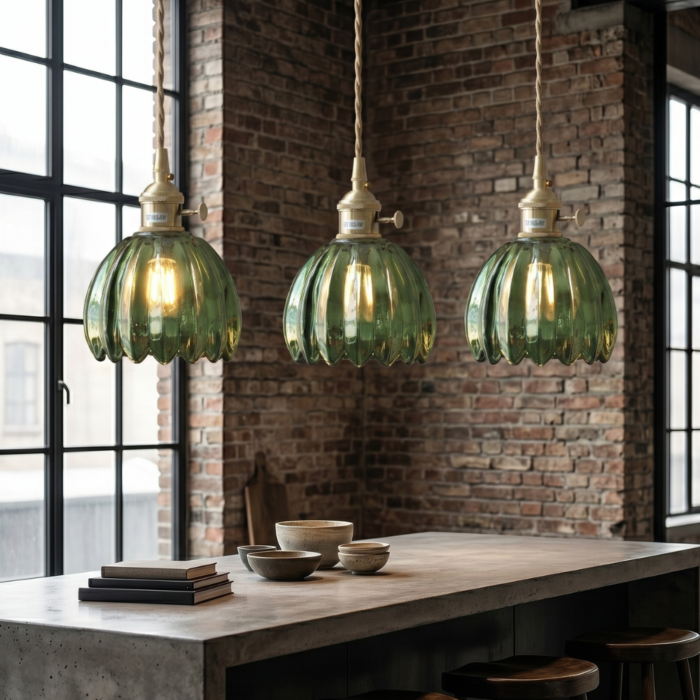 Glass Pendant Light Brass Flower Shade Vintage Adjustable Height Kitchen Dining Room Home Decor - Stack & Clear 99