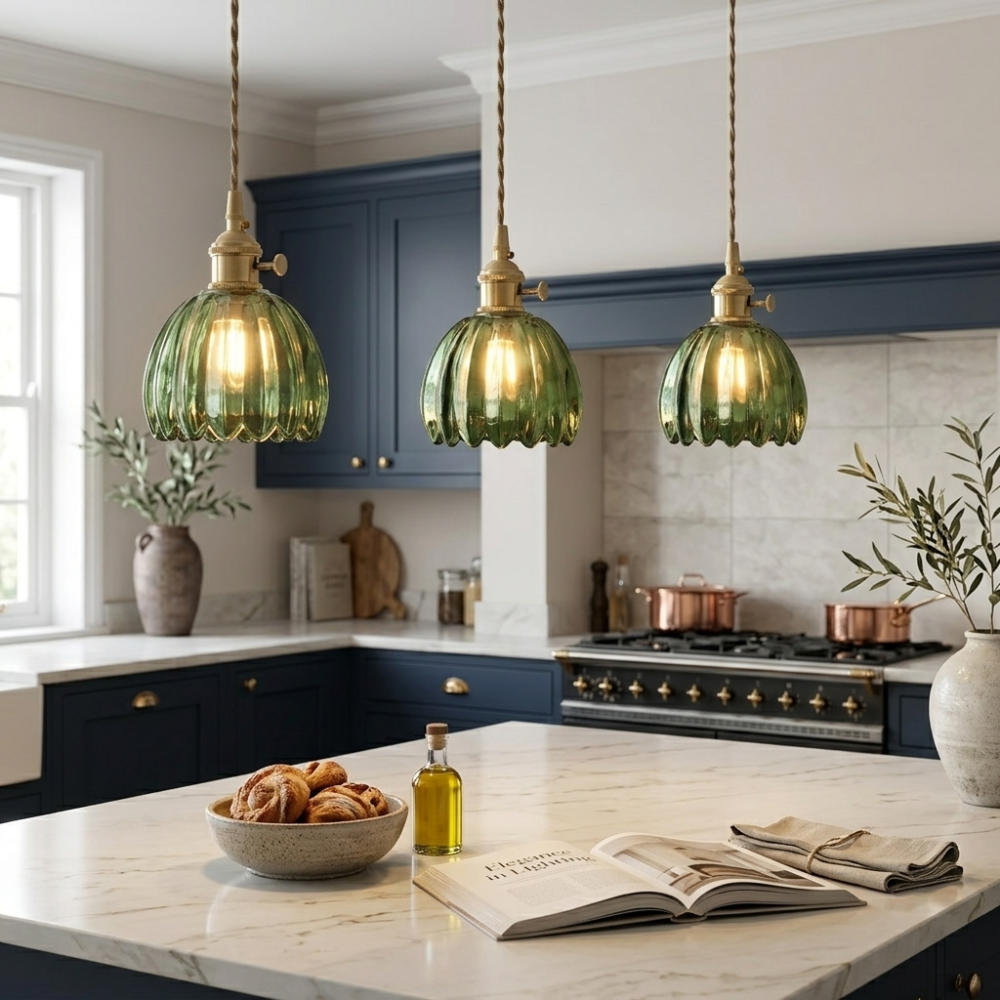 Glass Pendant Light Brass Flower Shade Vintage Adjustable Height Kitchen Dining Room Home Decor - Stack & Clear 997