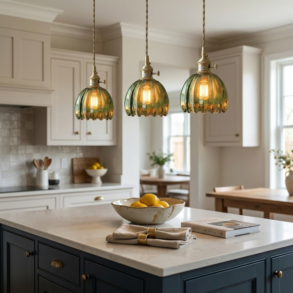 Glass Pendant Light Brass Flower Shade Vintage Adjustable Height Kitchen Dining Room Home Decor - Stack & Clear 998