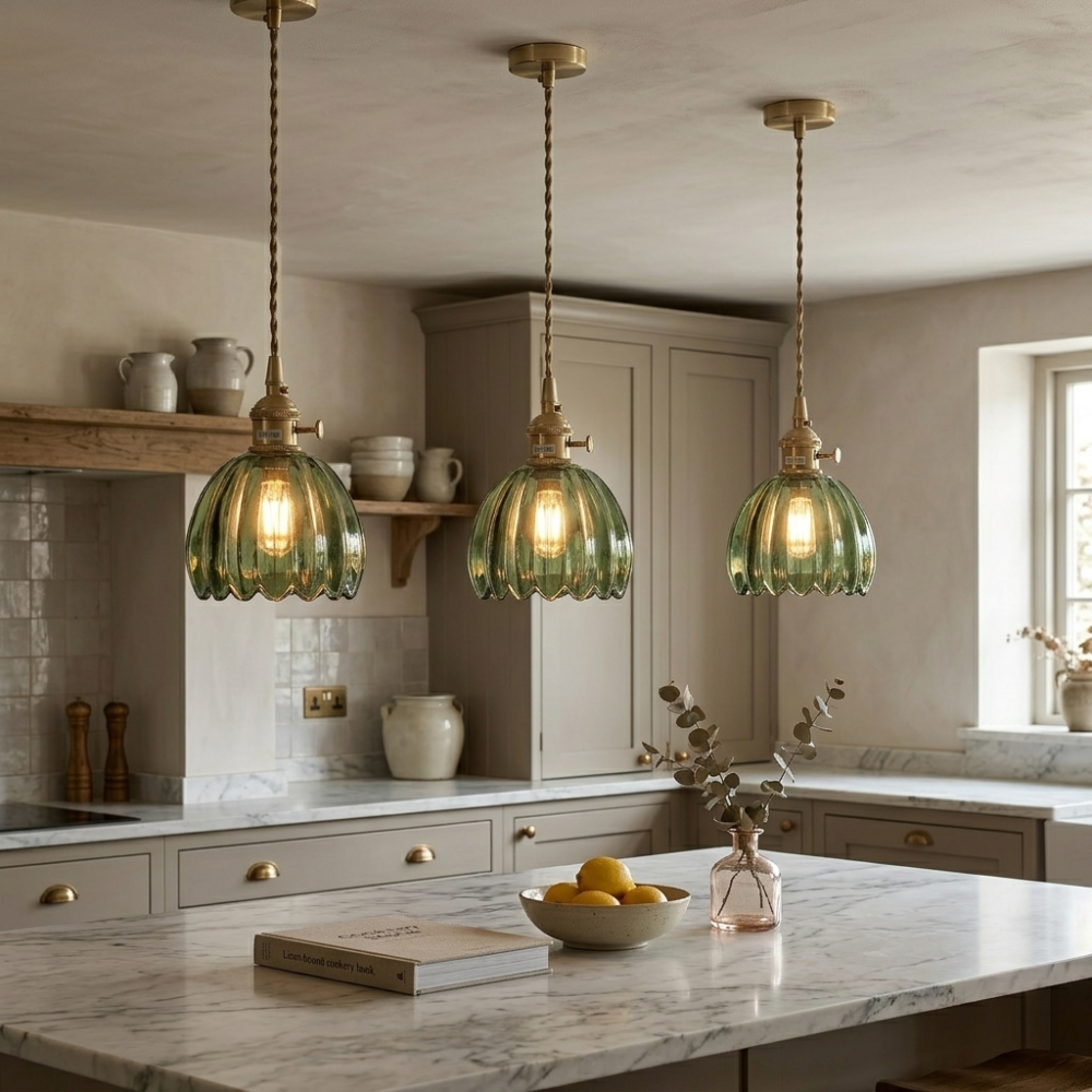Glass Pendant Light Brass Flower Shade Vintage Adjustable Height Kitchen Dining Room Home Decor - Stack & Clear 999