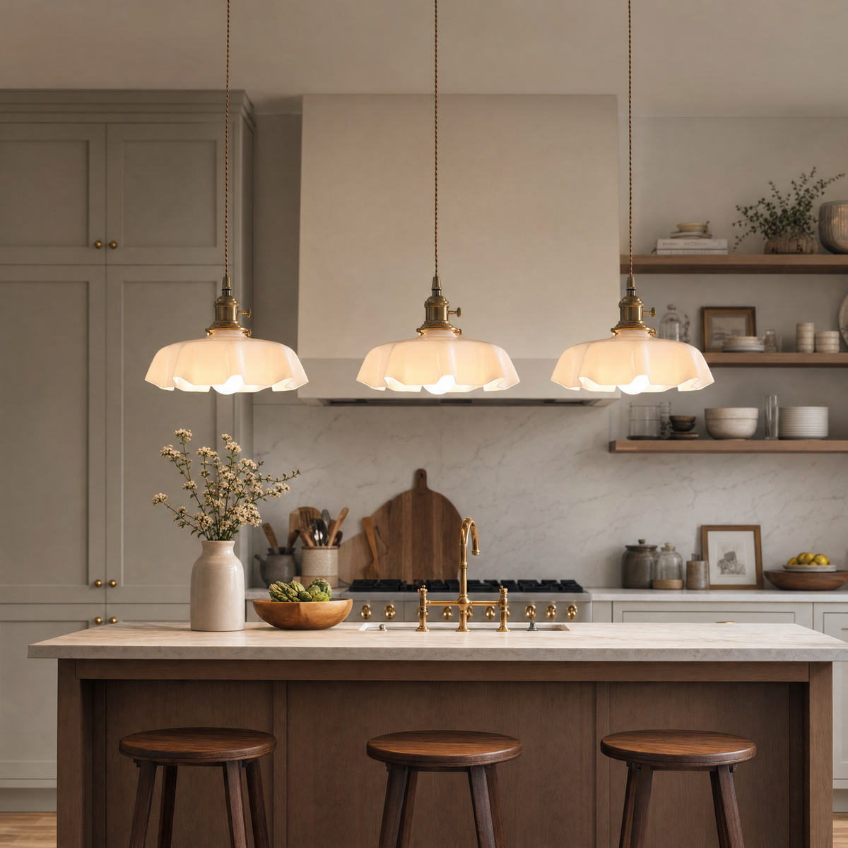 Glass Pendant Light Brass Flower Shade Vintage French Adjustable Kitchen Dining Home Decor Stack Clear 85