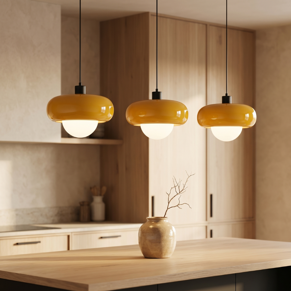 Glass Pendant Light Chrome Mushroom Shade Vintage Bauhaus Adjustable Height Kitchen Dining Room Home Decor - Stack & Clear 99