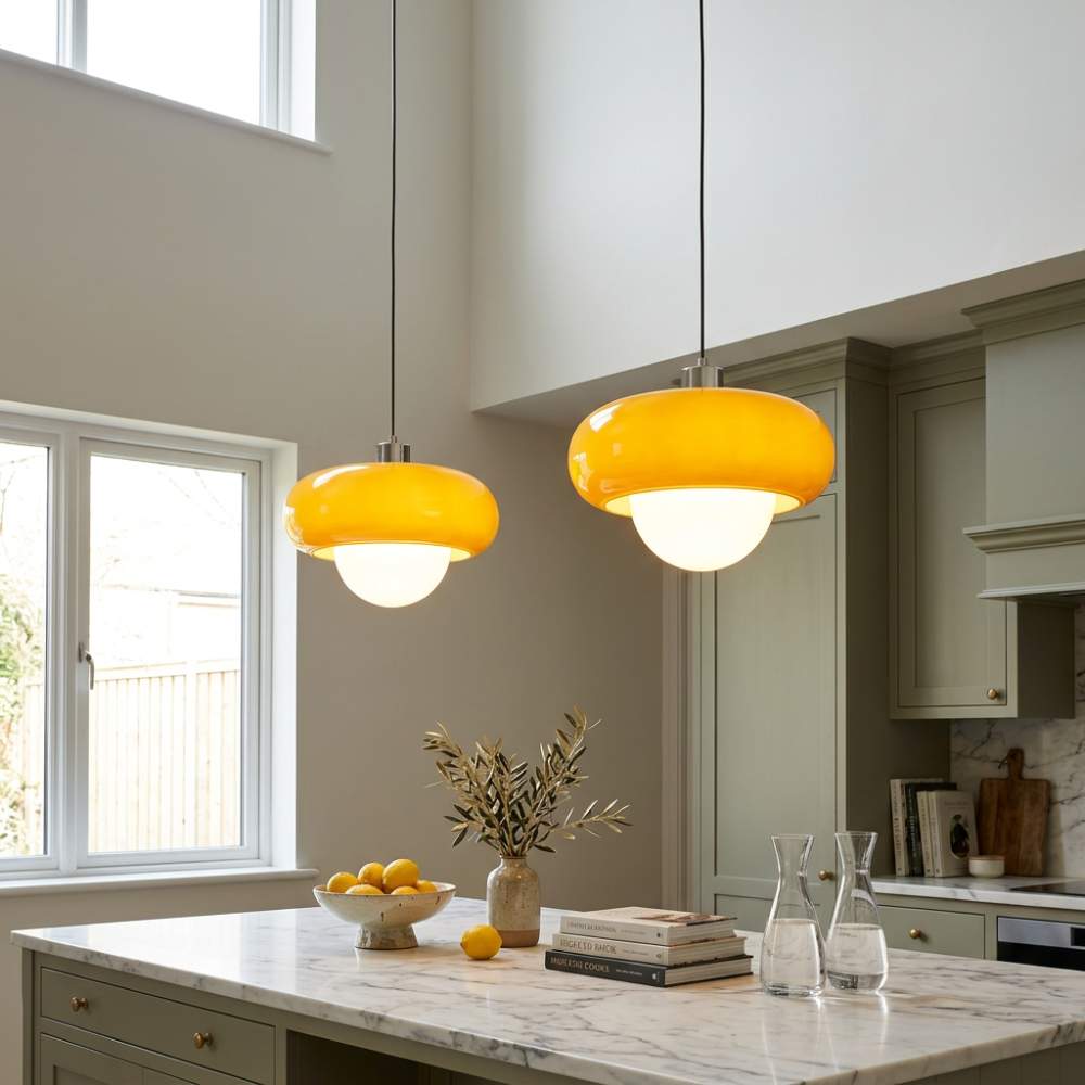 Glass Pendant Light Chrome Mushroom Shade Vintage Bauhaus Adjustable Height Kitchen Dining Room Home Decor - Stack & Clear 997