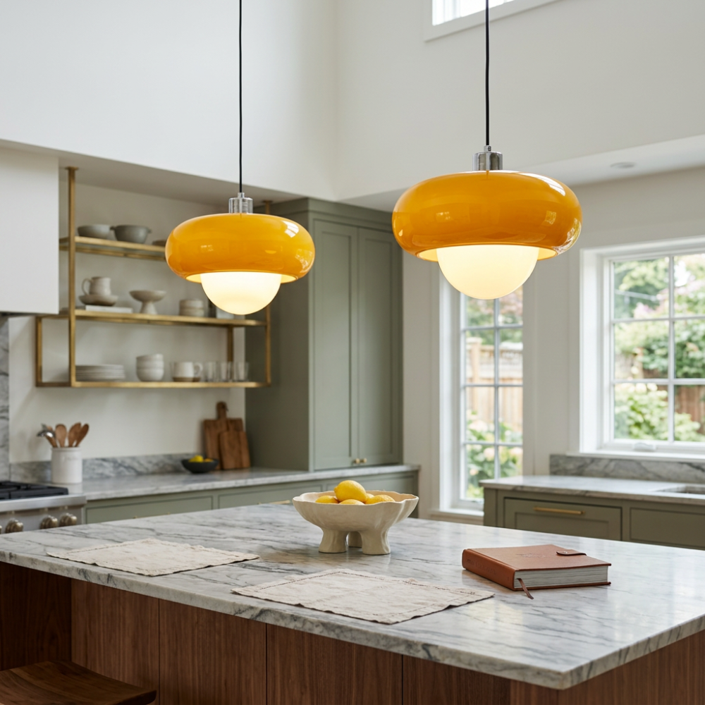 Glass Pendant Light Chrome Mushroom Shade Vintage Bauhaus Adjustable Height Kitchen Dining Room Home Decor - Stack & Clear 998