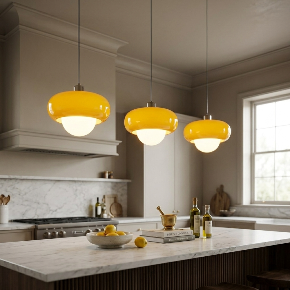 Glass Pendant Light Chrome Mushroom Shade Vintage Bauhaus Adjustable Height Kitchen Dining Room Home Decor - Stack & Clear 999