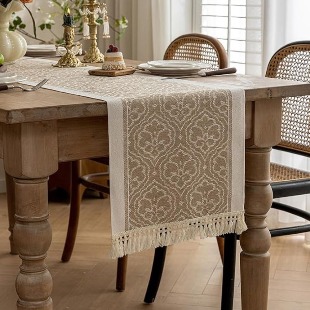 Jacquard Floral Table Runner Microfibre Earthy Tones 0