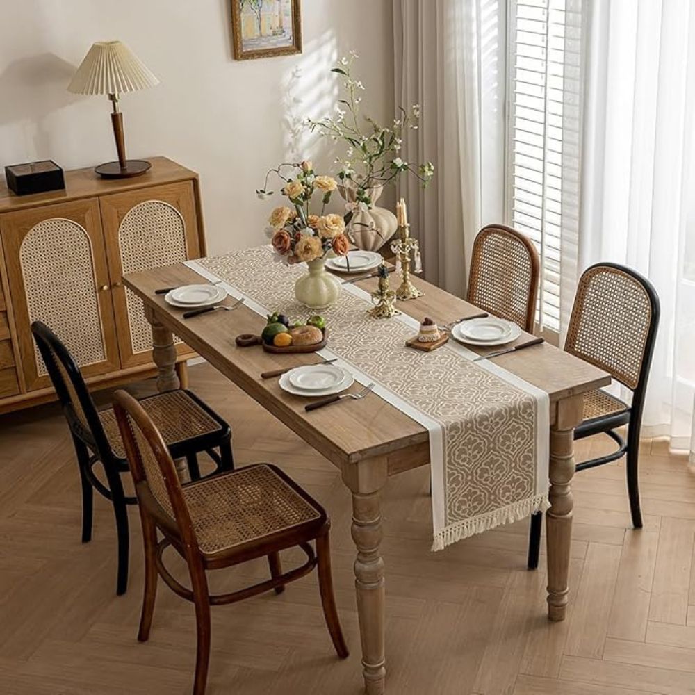 Jacquard Floral Table Runner Microfibre Earthy Tones 1