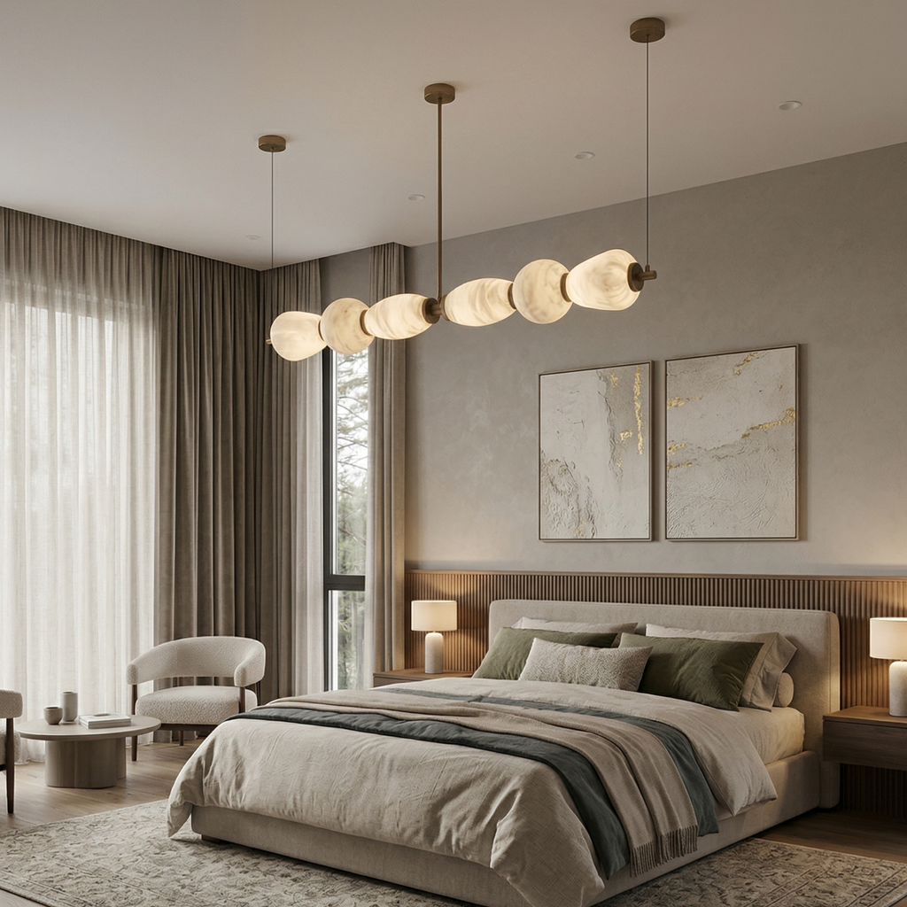 Japandi Chandelier Metal Alabaster Adjustable Height Gold 99