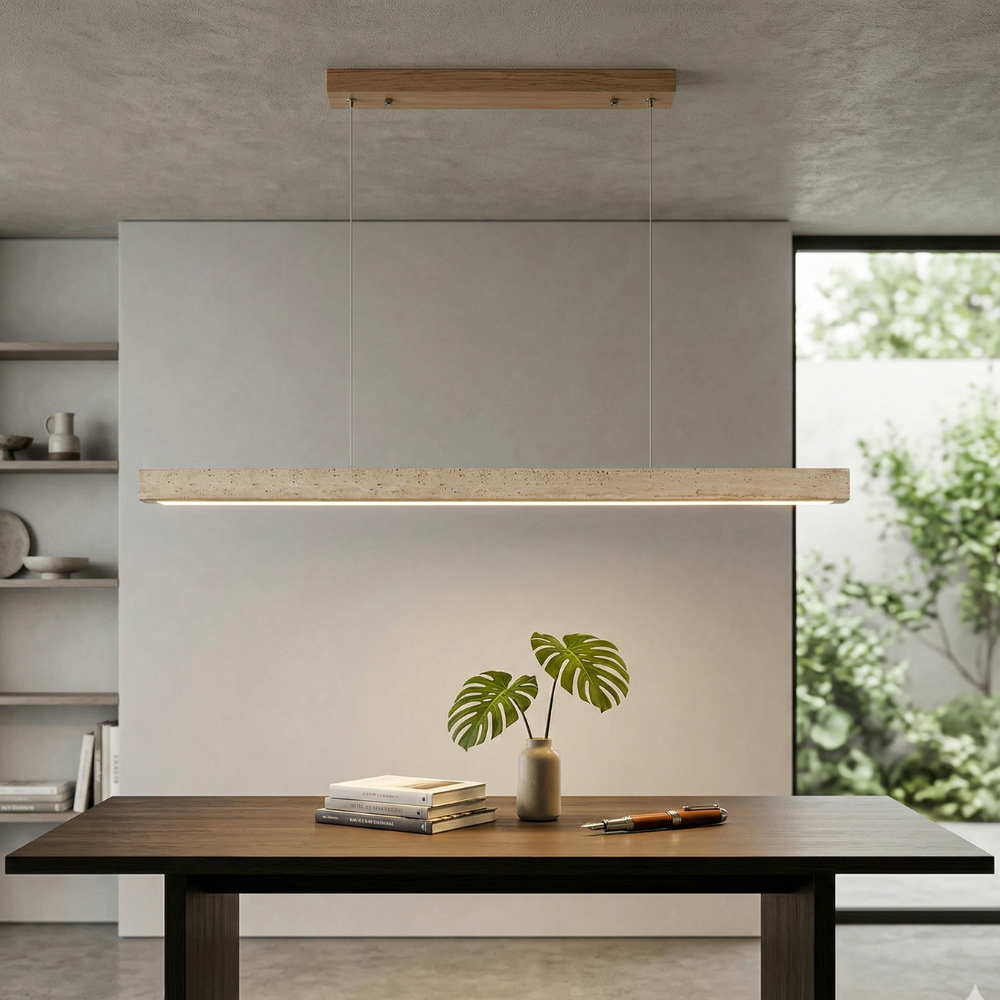 Japandi Linear Pendant Light Travertine Stone 70