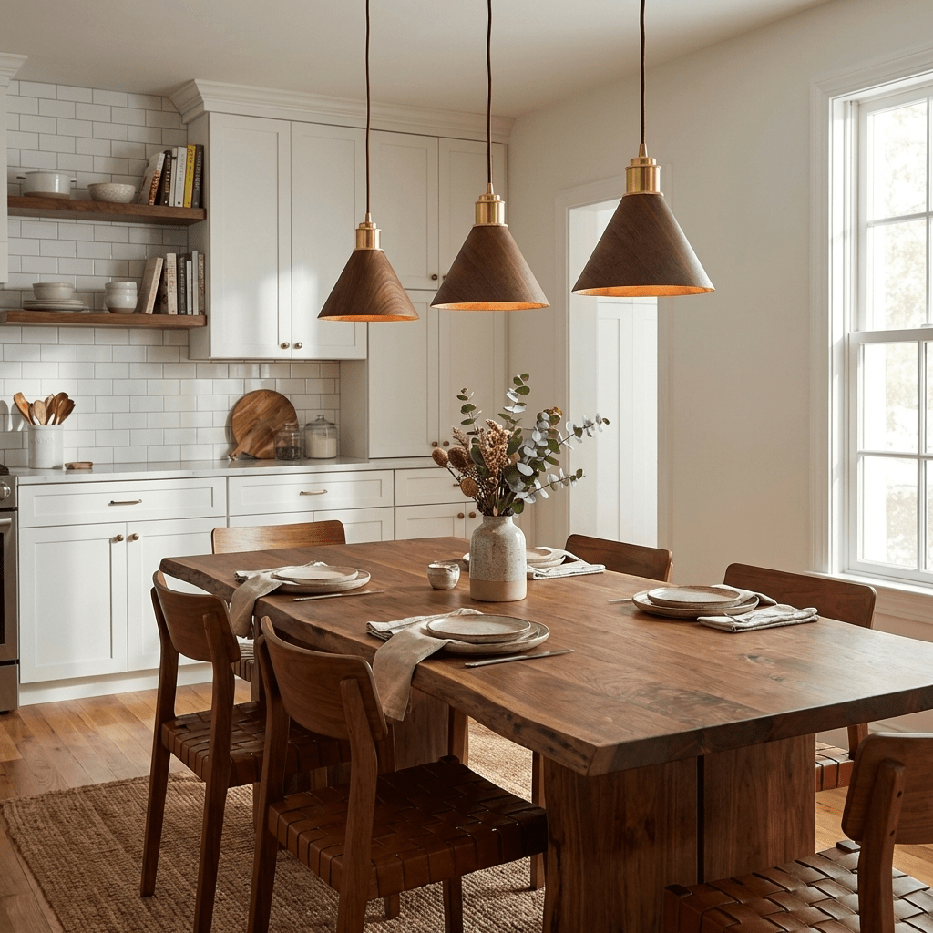 Japandi Pendant Light Wood Adjustable Height Brushed Metal 2