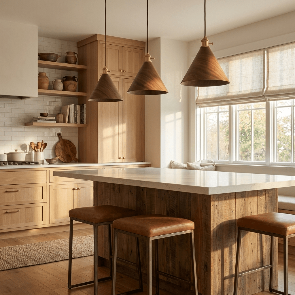 Japandi Pendant Light Wood Adjustable Height Brushed Metal 3