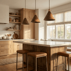 Japandi Pendant Light Wood Adjustable Height Brushed Metal 3