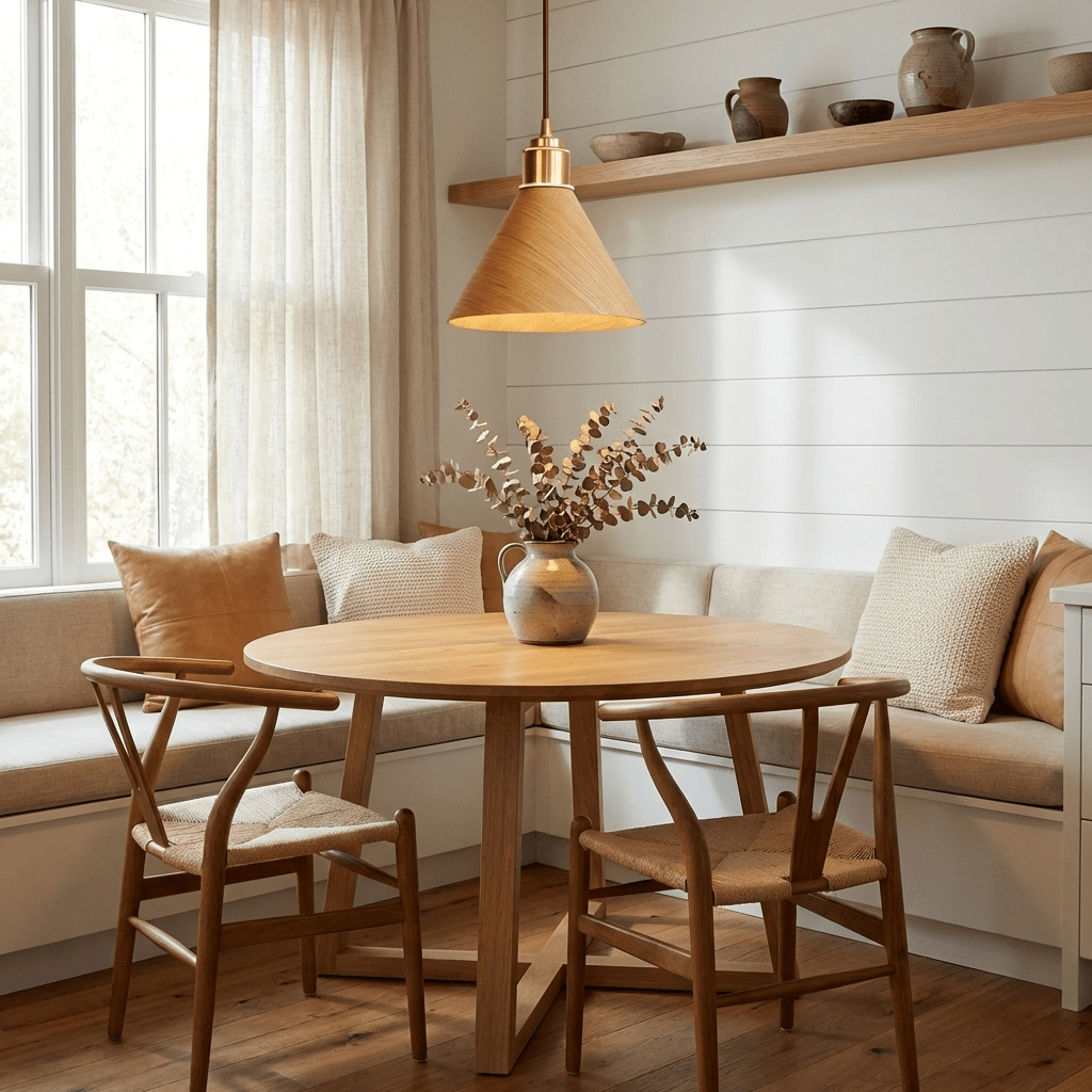 Japandi Pendant Light Wood Adjustable Height Brushed Metal 5