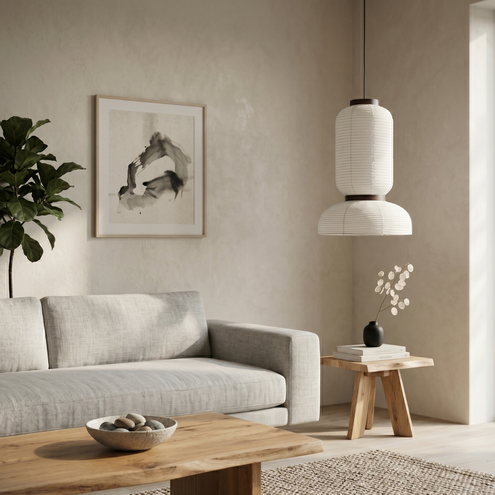 Japandi Pendant Light Woven Paper Adjustable Height Design 99