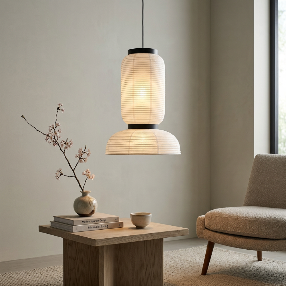 Japandi Pendant Light Woven Paper Adjustable Height Design 996