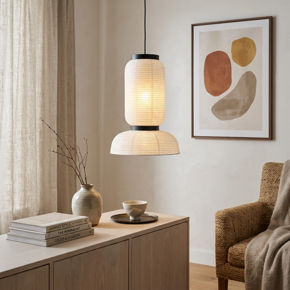 Japandi Pendant Light Woven Paper Adjustable Height Design 997