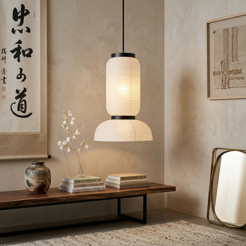 Japandi Pendant Light Woven Paper Adjustable Height Design 998