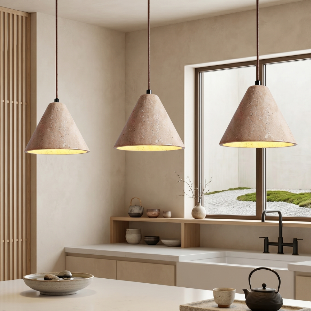 Japandi Pendant Light Woven Travertine Adjustable Height 997