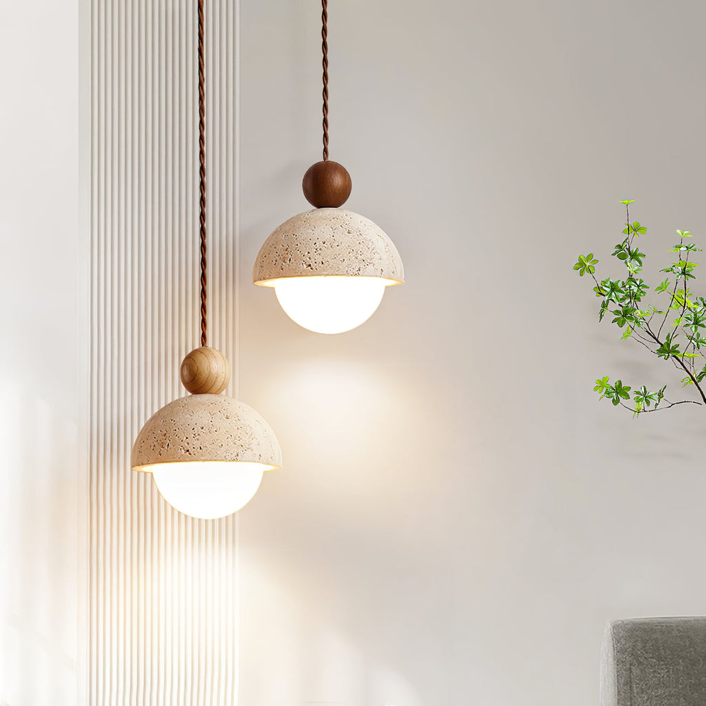 Japandi Travertine Pendant Light Opal Glass Globe Ceiling Lamp 2