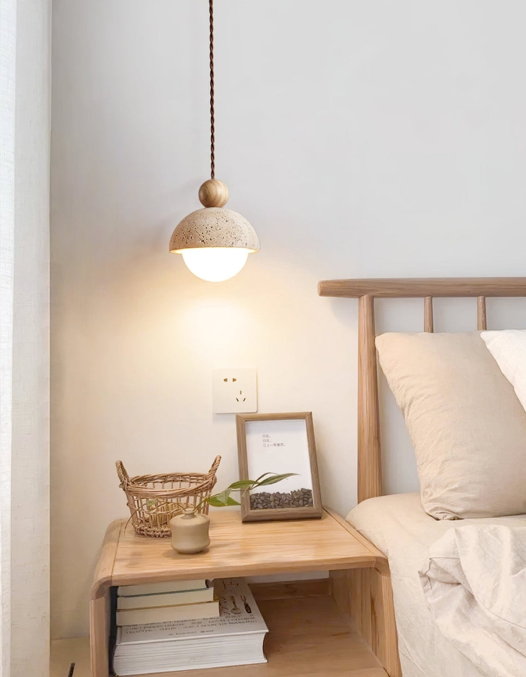 Japandi Travertine Pendant Light Opal Glass Globe Ceiling Lamp 4