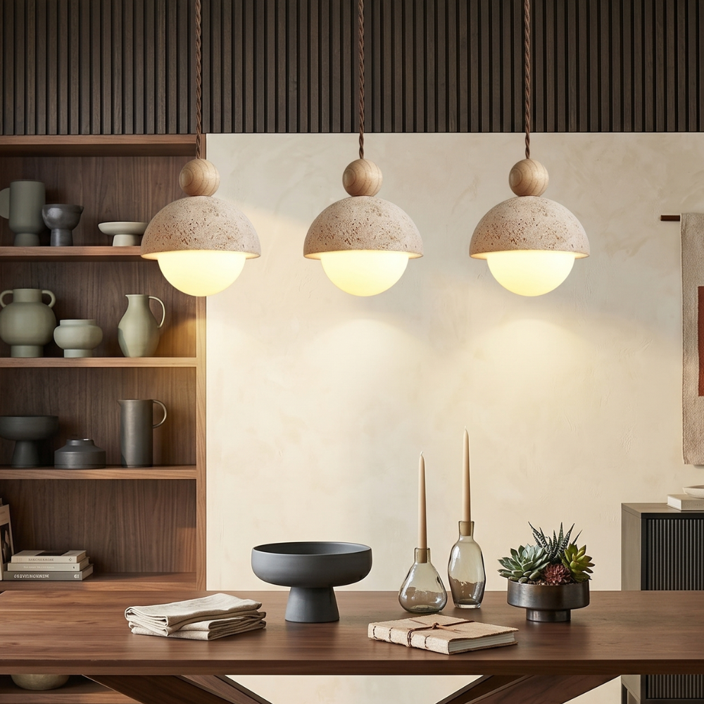 Japandi Travertine Pendant Light Opal Glass Globe Ceiling Lamp 994