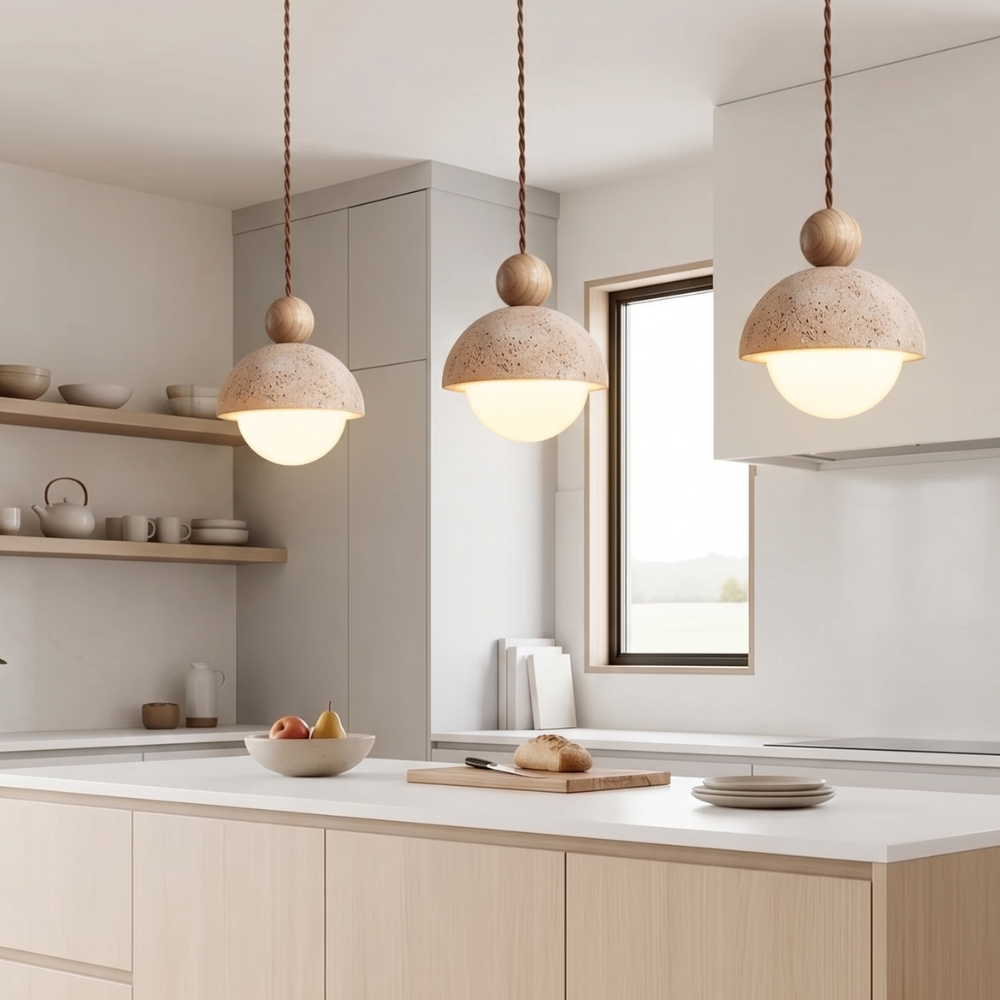 Japandi Travertine Pendant Light Opal Glass Globe Ceiling Lamp 995