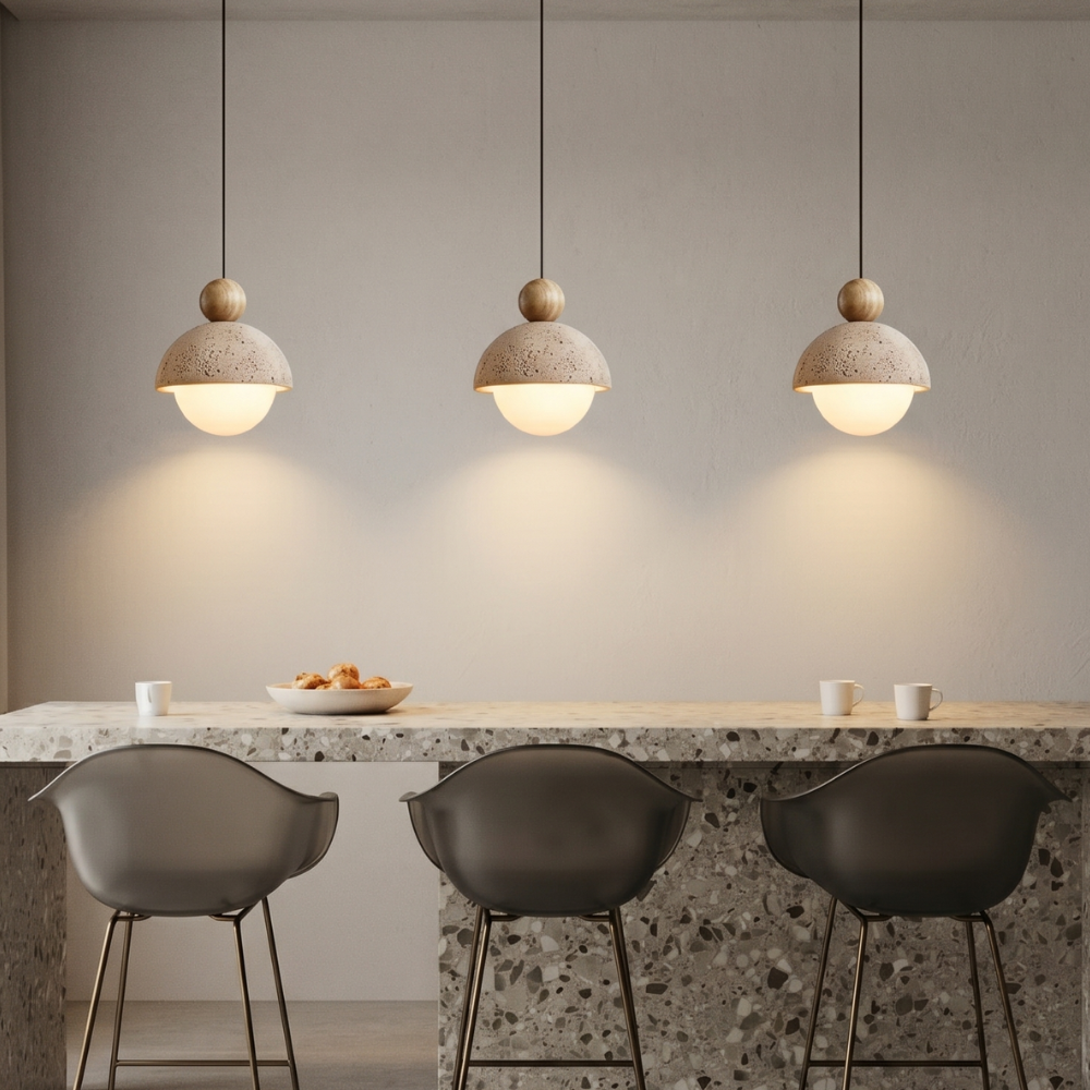 Japandi Travertine Pendant Light Opal Glass Globe Ceiling Lamp 996
