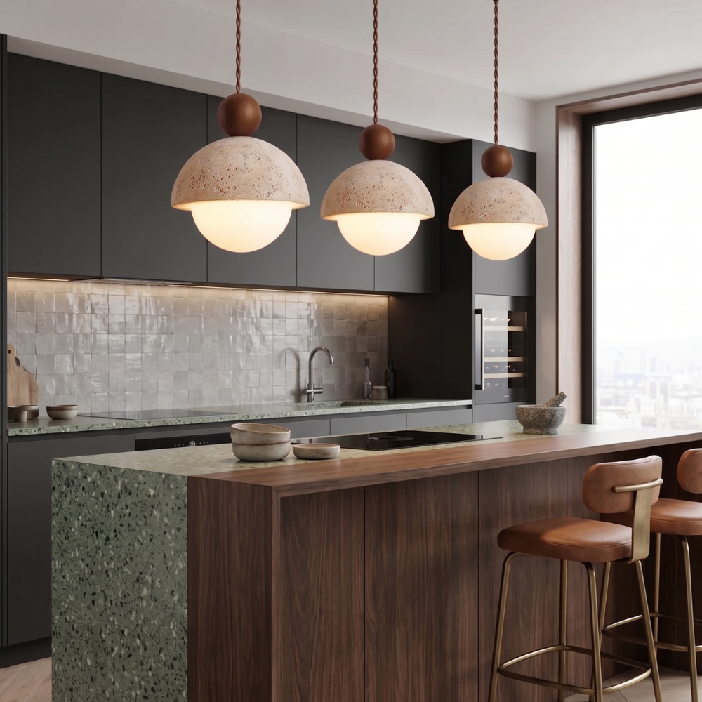 Japandi Travertine Pendant Light Opal Glass Globe Ceiling Lamp 997