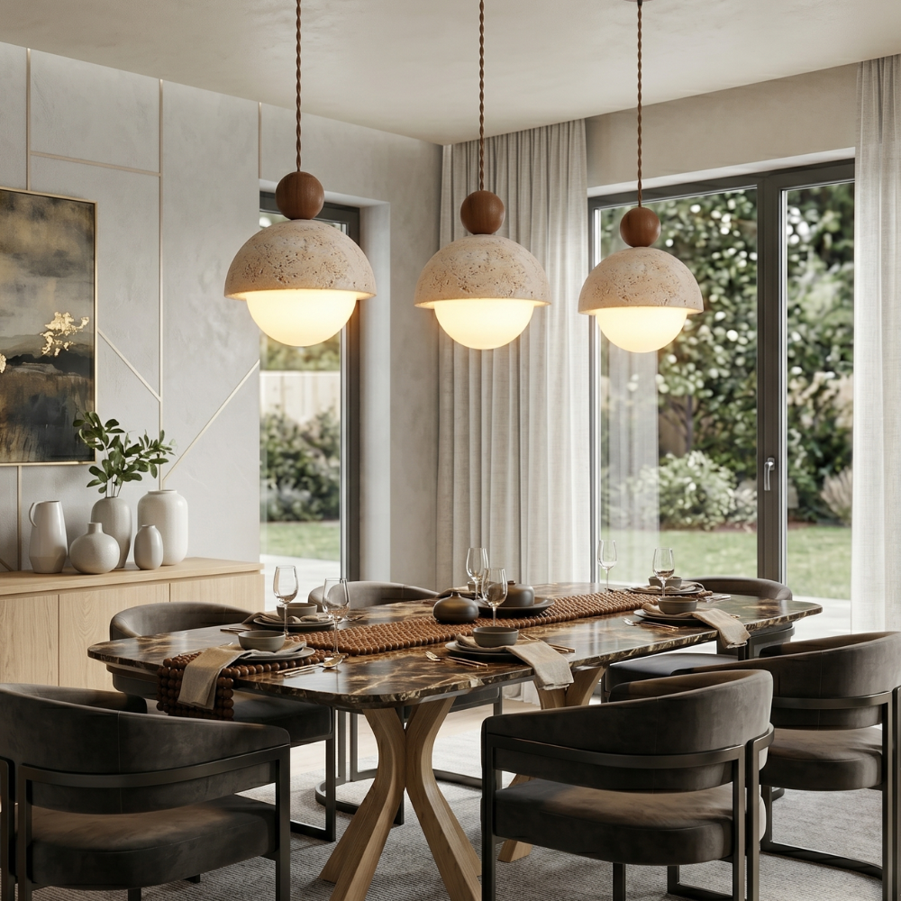 Japandi Travertine Pendant Light Opal Glass Globe Ceiling Lamp 998