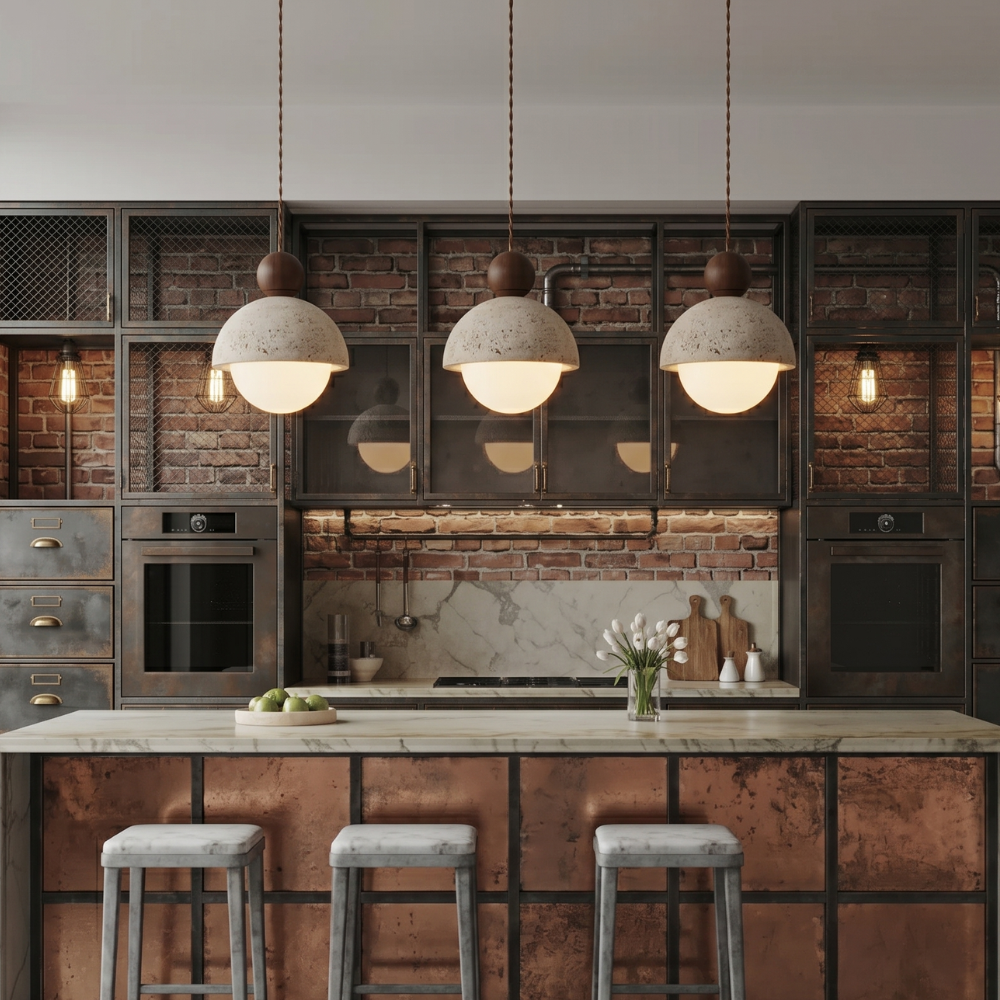 Japandi Travertine Pendant Light Opal Glass Globe Ceiling Lamp 999