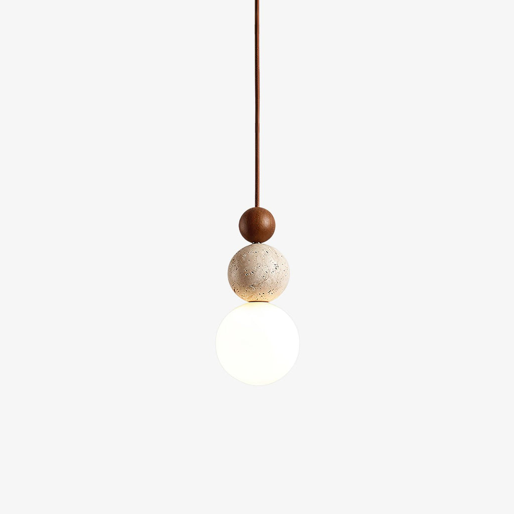 Japandi Travertine Pendant Light Walnut Bead & Opal Glass Globe Ceiling Lamp 0