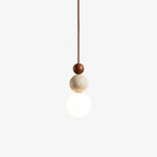Japandi Travertine Pendant Light Walnut Bead & Opal Glass Globe Ceiling Lamp 0