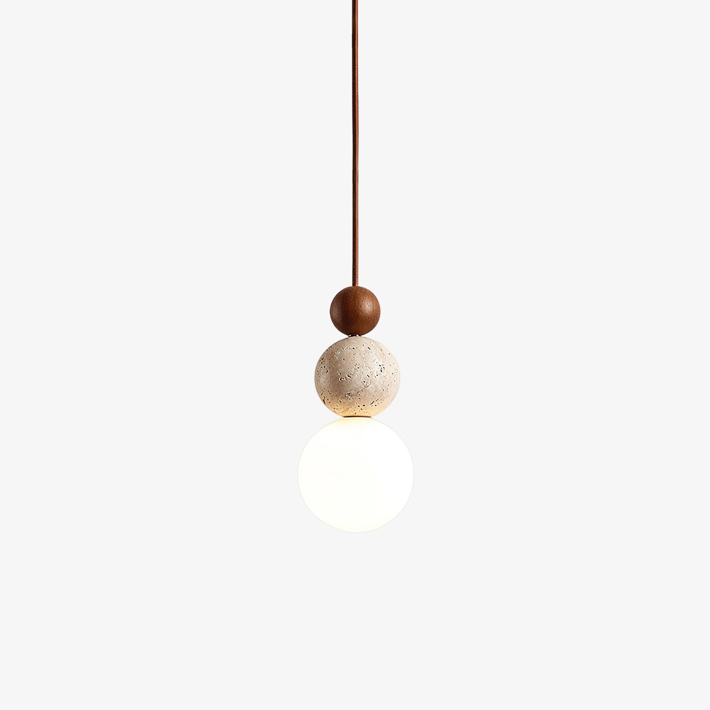Japandi Travertine Pendant Light Walnut Bead & Opal Glass Globe Ceiling Lamp 0