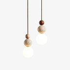 Japandi Travertine Pendant Light Walnut Bead & Opal Glass Globe Ceiling Lamp 1
