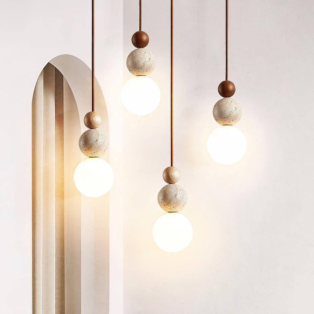 Japandi Travertine Pendant Light Walnut Bead & Opal Glass Globe Ceiling Lamp 2