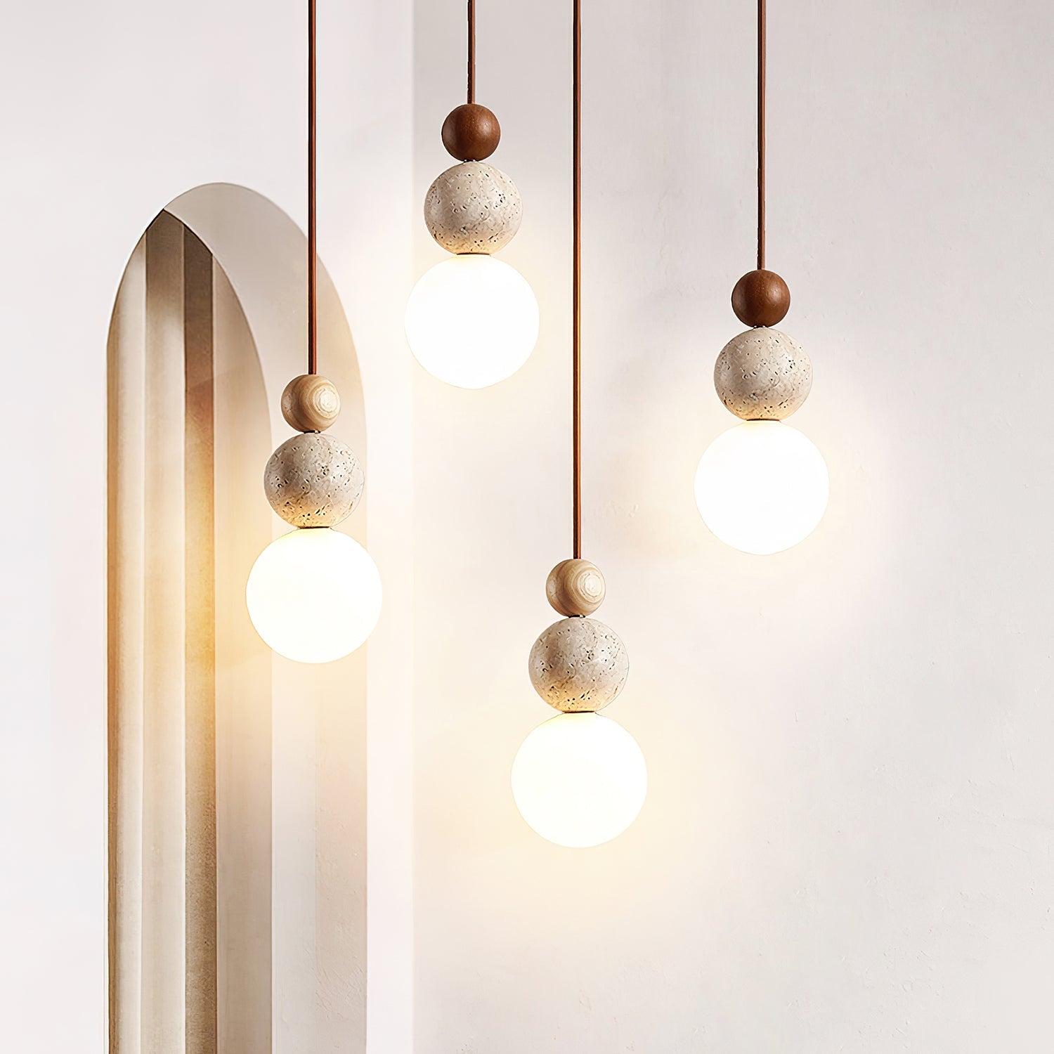 Japandi Travertine Pendant Light Walnut Bead & Opal Glass Globe Ceiling Lamp 2