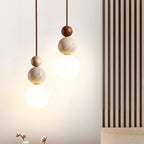 Japandi Travertine Pendant Light Walnut Bead & Opal Glass Globe Ceiling Lamp 3
