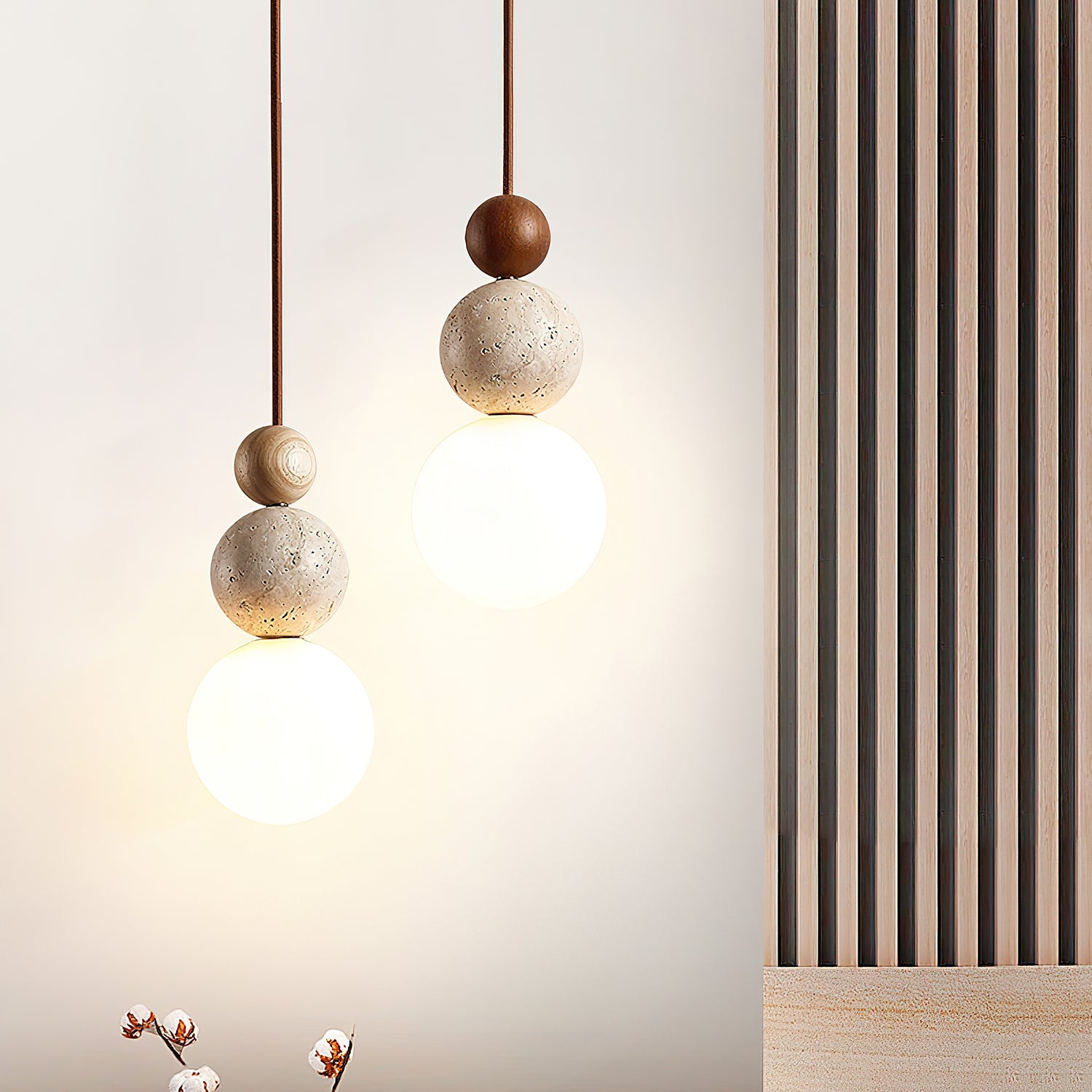 Japandi Travertine Pendant Light Walnut Bead & Opal Glass Globe Ceiling Lamp 3