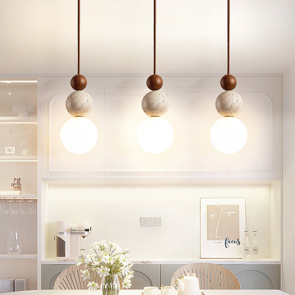 Japandi Travertine Pendant Light Walnut Bead & Opal Glass Globe Ceiling Lamp 4