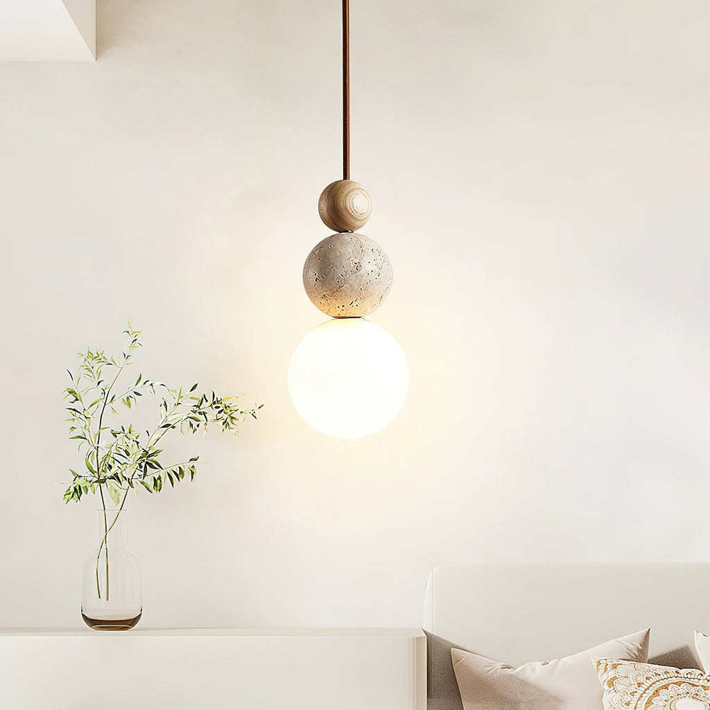 Japandi Travertine Pendant Light Walnut Bead & Opal Glass Globe Ceiling Lamp 5