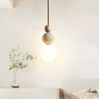 Japandi Travertine Pendant Light Walnut Bead & Opal Glass Globe Ceiling Lamp 5