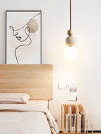 Japandi Travertine Pendant Light Walnut Bead & Opal Glass Globe Ceiling Lamp 6