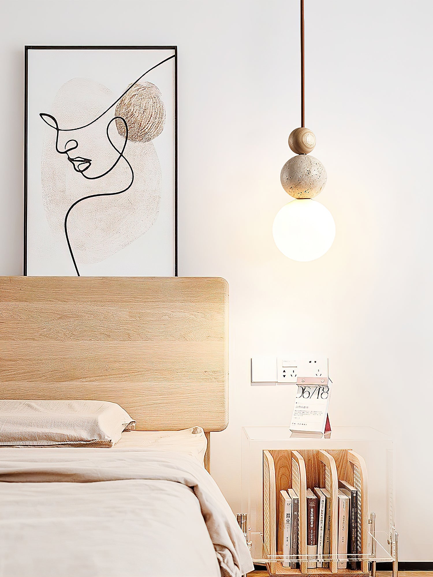 Japandi Travertine Pendant Light Walnut Bead & Opal Glass Globe Ceiling Lamp 6