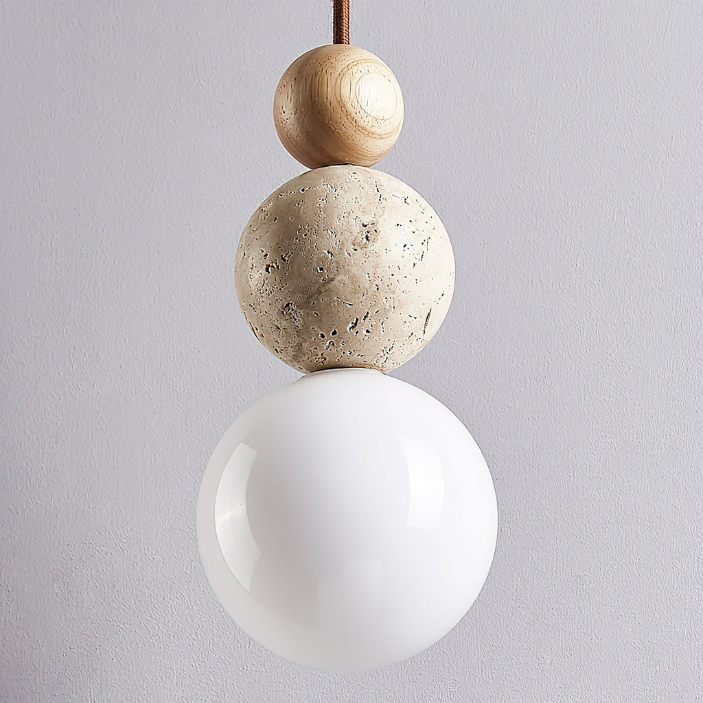 Japandi Travertine Pendant Light Walnut Bead & Opal Glass Globe Ceiling Lamp 7