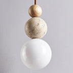Japandi Travertine Pendant Light Walnut Bead & Opal Glass Globe Ceiling Lamp 7