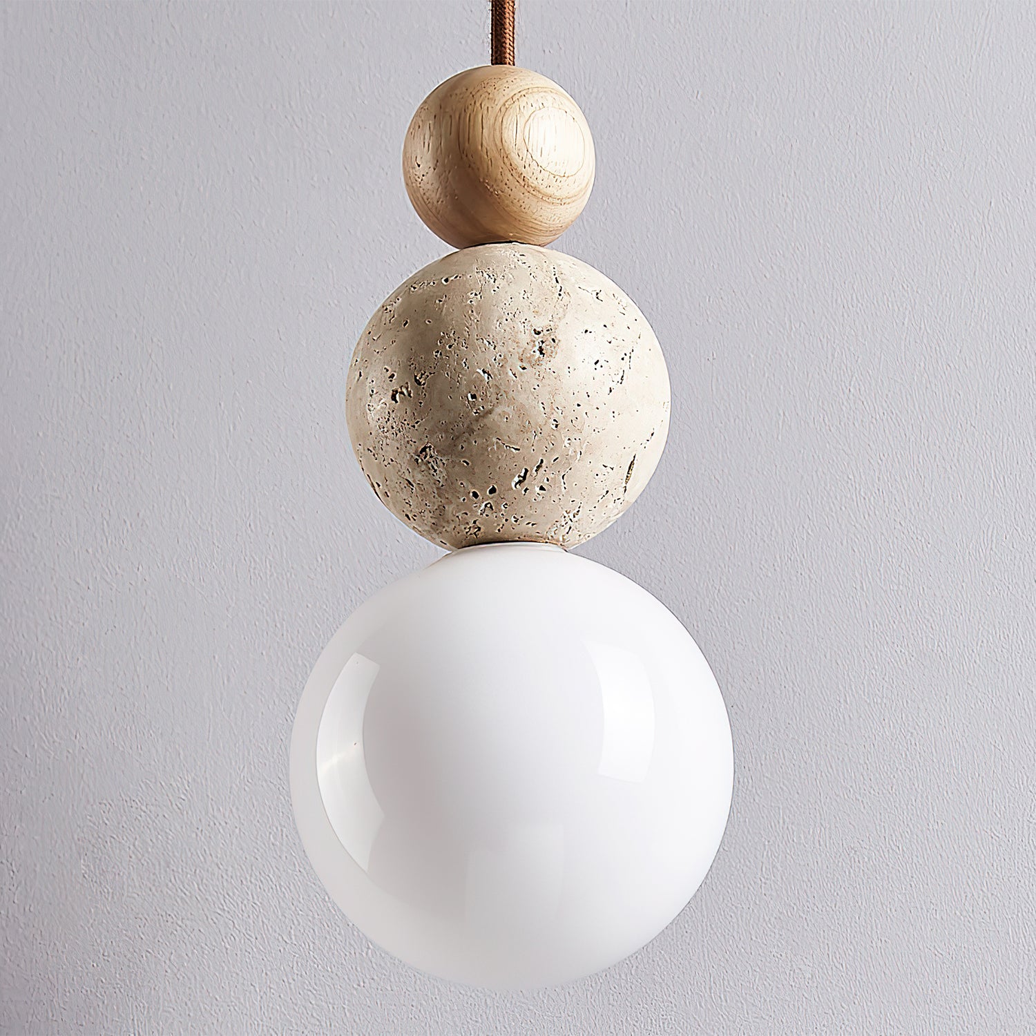 Japandi Travertine Pendant Light Walnut Bead & Opal Glass Globe Ceiling Lamp 7