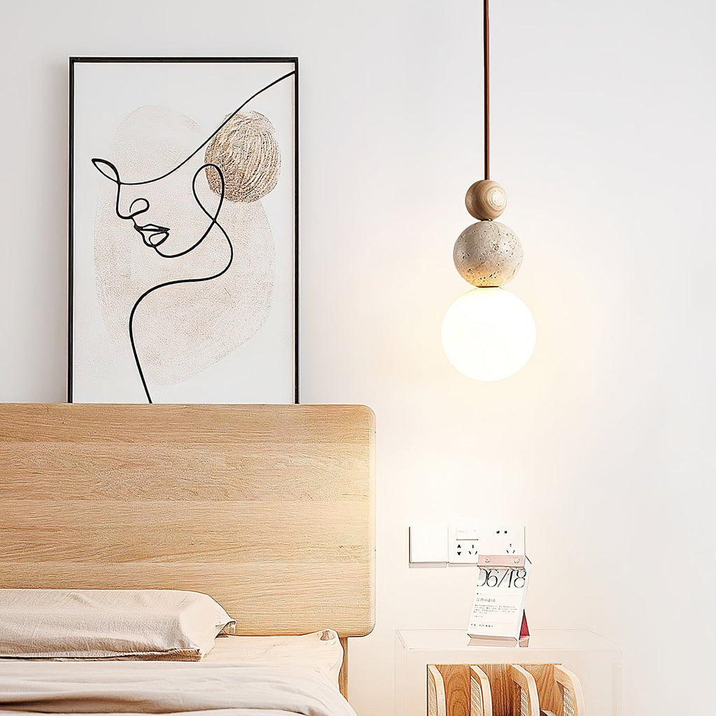 Japandi Travertine Pendant Light Walnut Bead & Opal Glass Globe Ceiling Lamp 8