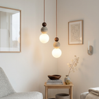 Japandi Travertine Pendant Light Walnut Bead & Opal Glass Globe Ceiling Lamp 99