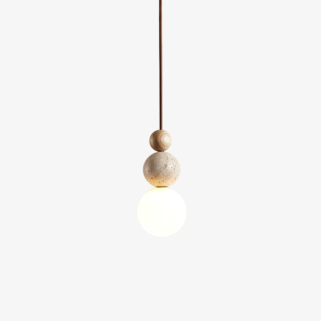 Japandi Travertine Pendant Light Walnut Bead & Opal Glass Globe Ceiling Lamp 9